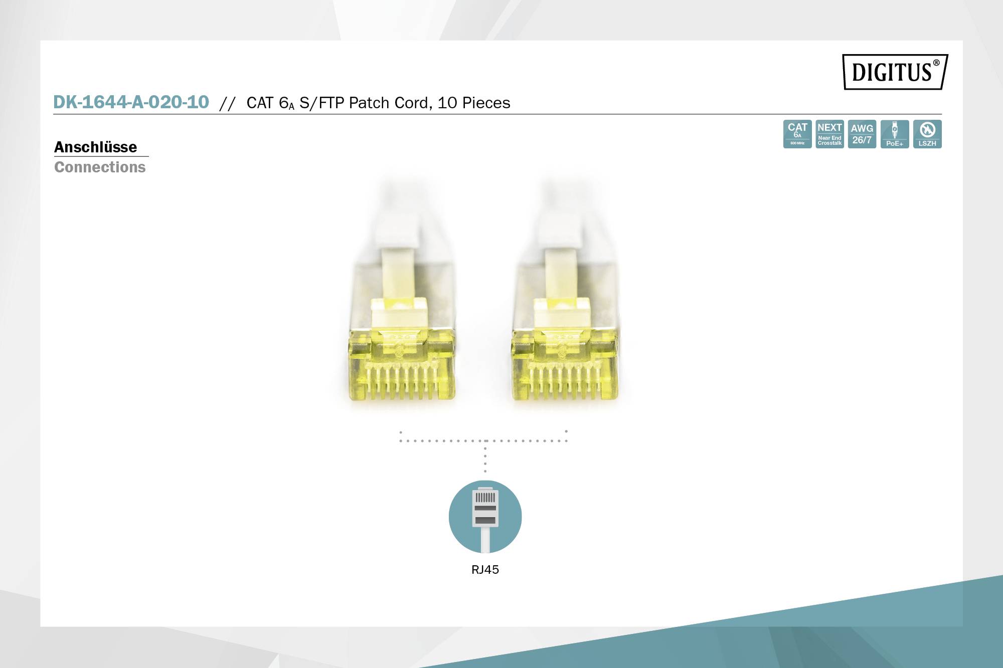 Zwei RJ45-Stecker nebeneinander angezeigt. Beschriftung: DK-1644-A-020-10, CAT 6a, S/FTP Patch Cord, 10 Stück, Anschlüsse.