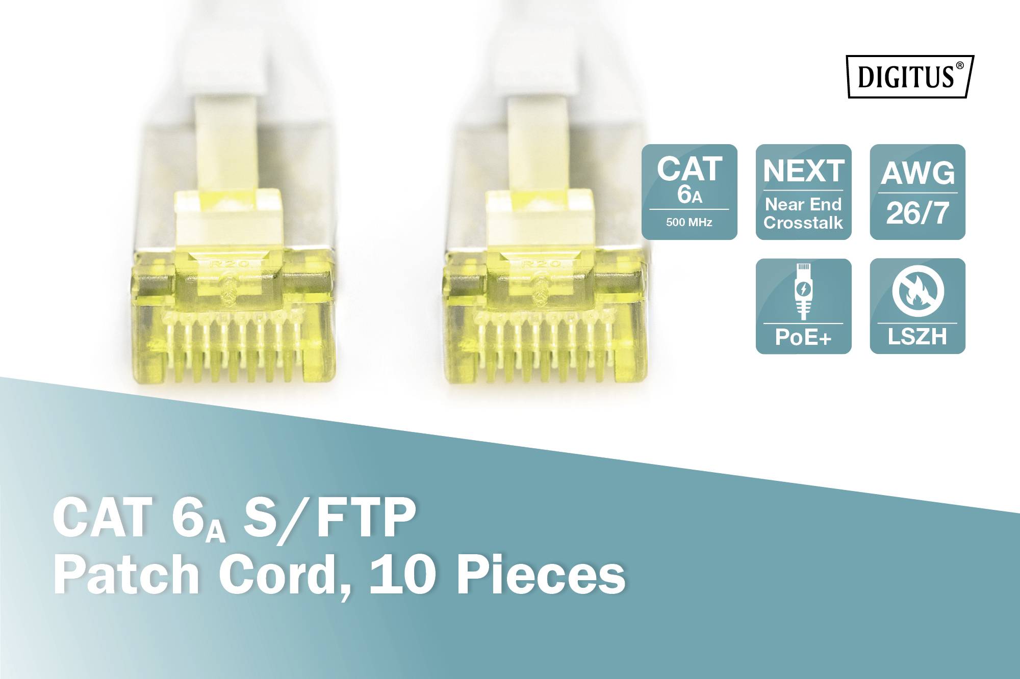 Zwei gelbe CAT 6a S/FTP-Netzwerkstecker auf weißem Hintergrund. Beschriftungen: 'CAT 6a', 'PoE+', 'LSZH'. Verpackung: 10 Stück.