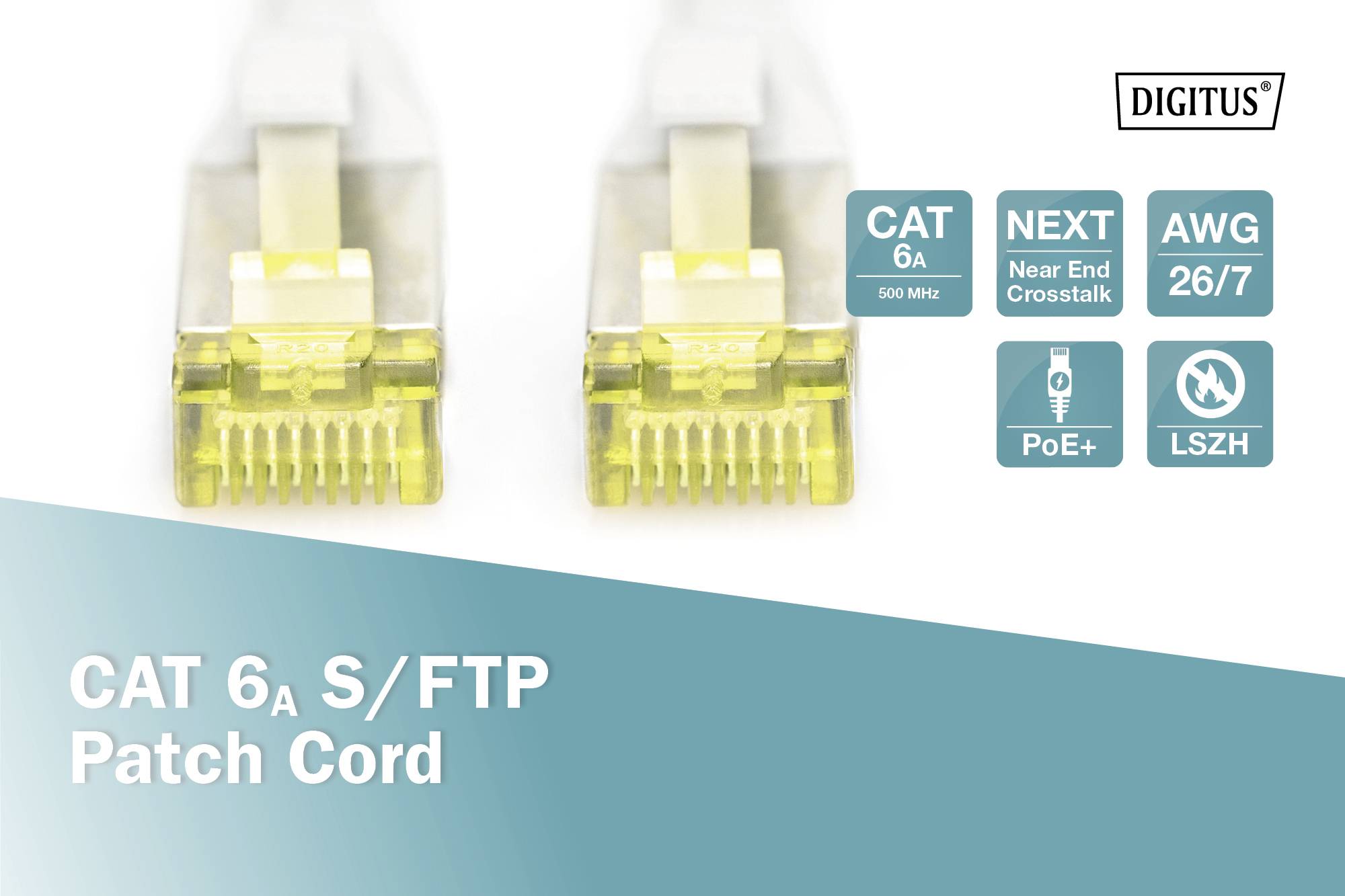 Zwei CAT 6a S/FTP Patchkabel mit gelbem Stecker. Beschriftungen: 'CAT 6A 500 MHz', 'NEXT Near End Crosstalk', 'AWG 26/7', 'PoE+', 'LSZH'.