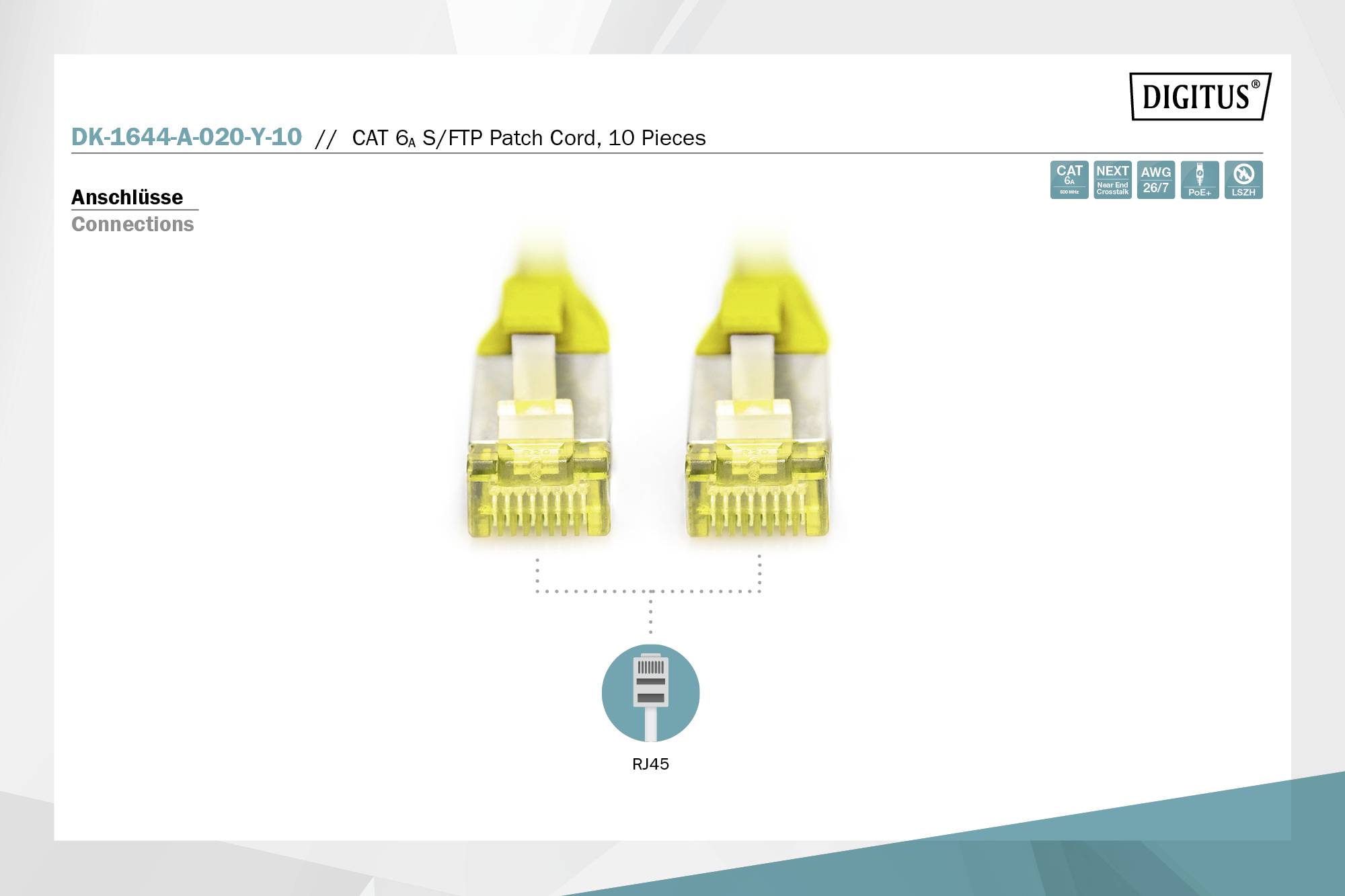 Anschlüsse: Zwei RJ45-Stecker für CAT 6 S/FTP Patchkabel in gelber Farbe.