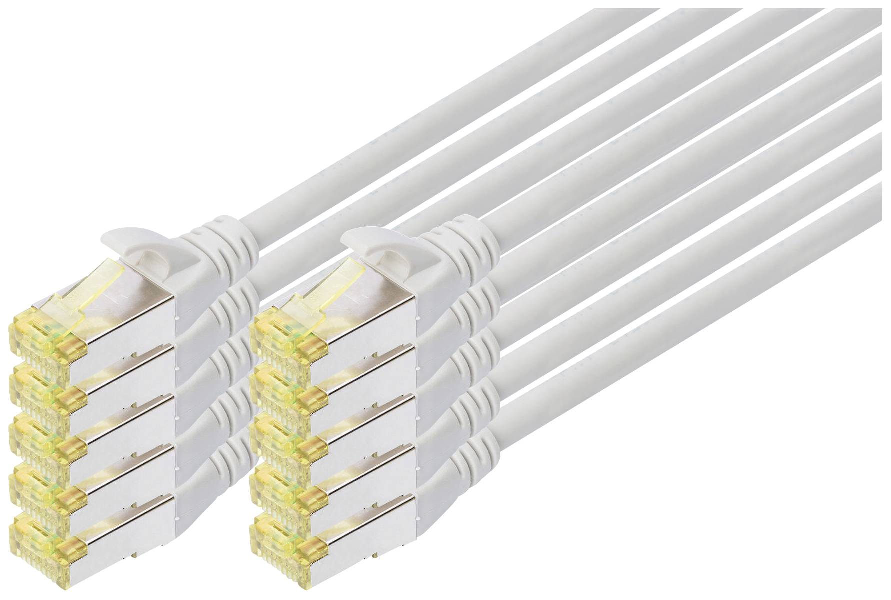 Vier weiße Ethernet-Kabel mit RJ45-Steckern liegen parallel zueinander.