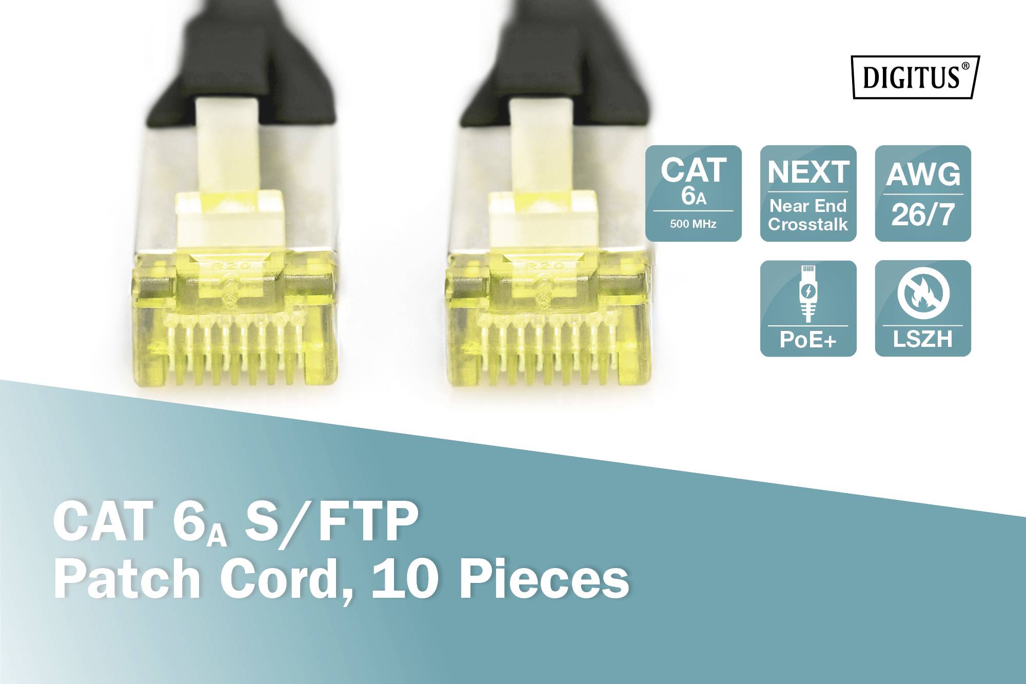 CAT 6a S/FTP Patchkabel, 10 Stück, mit Eigenschaften: CAT 6a, NEXT Near End Crosstalk, AWG 26/7, PoE+, LSZH. Zwei Kabelendstecker sichtbar.