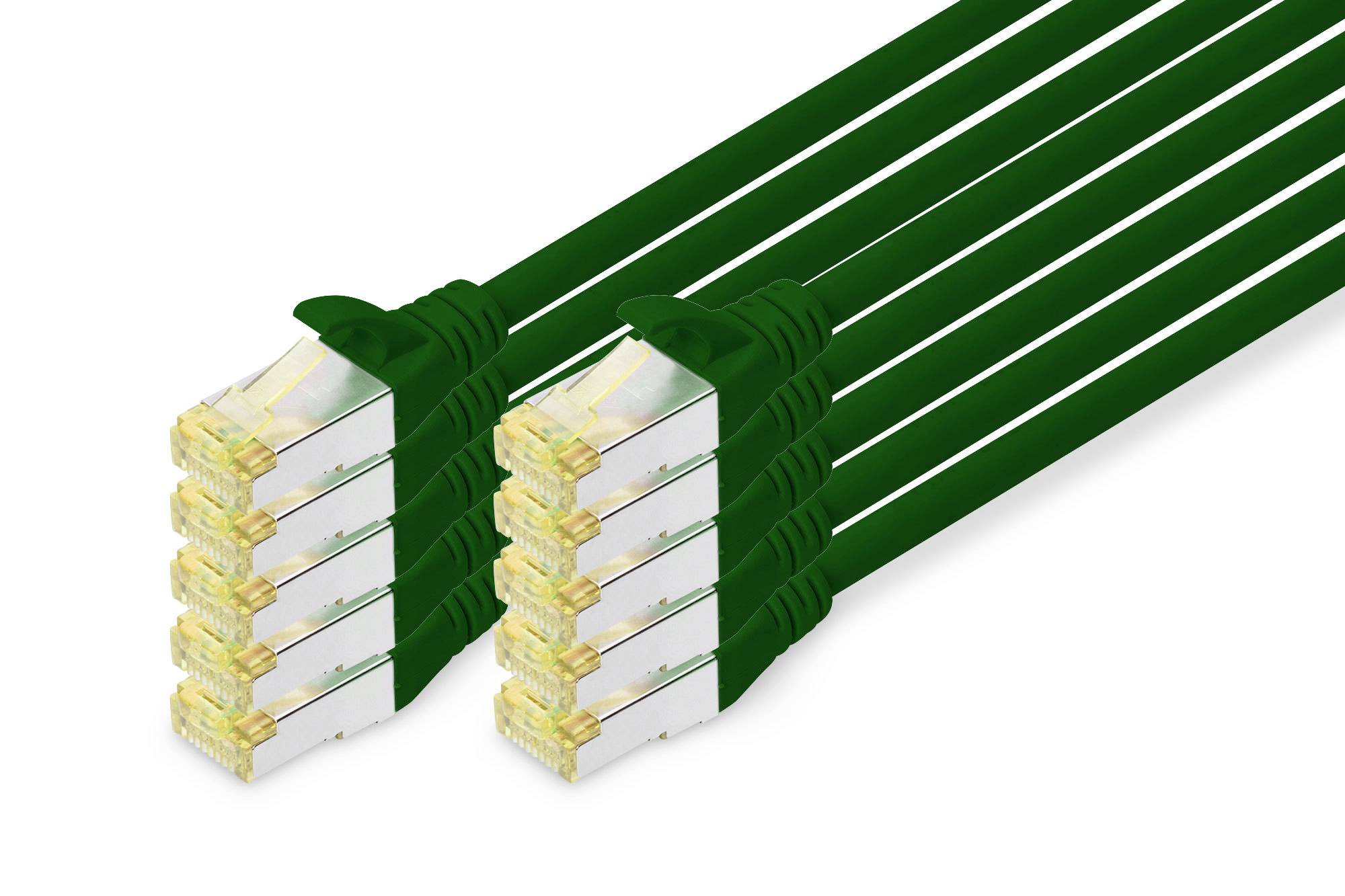 Sechs grüne Ethernet-Kabel mit transparenten Steckern, die nebeneinander angeordnet sind. Geeignet für Netzwerkanbindung.