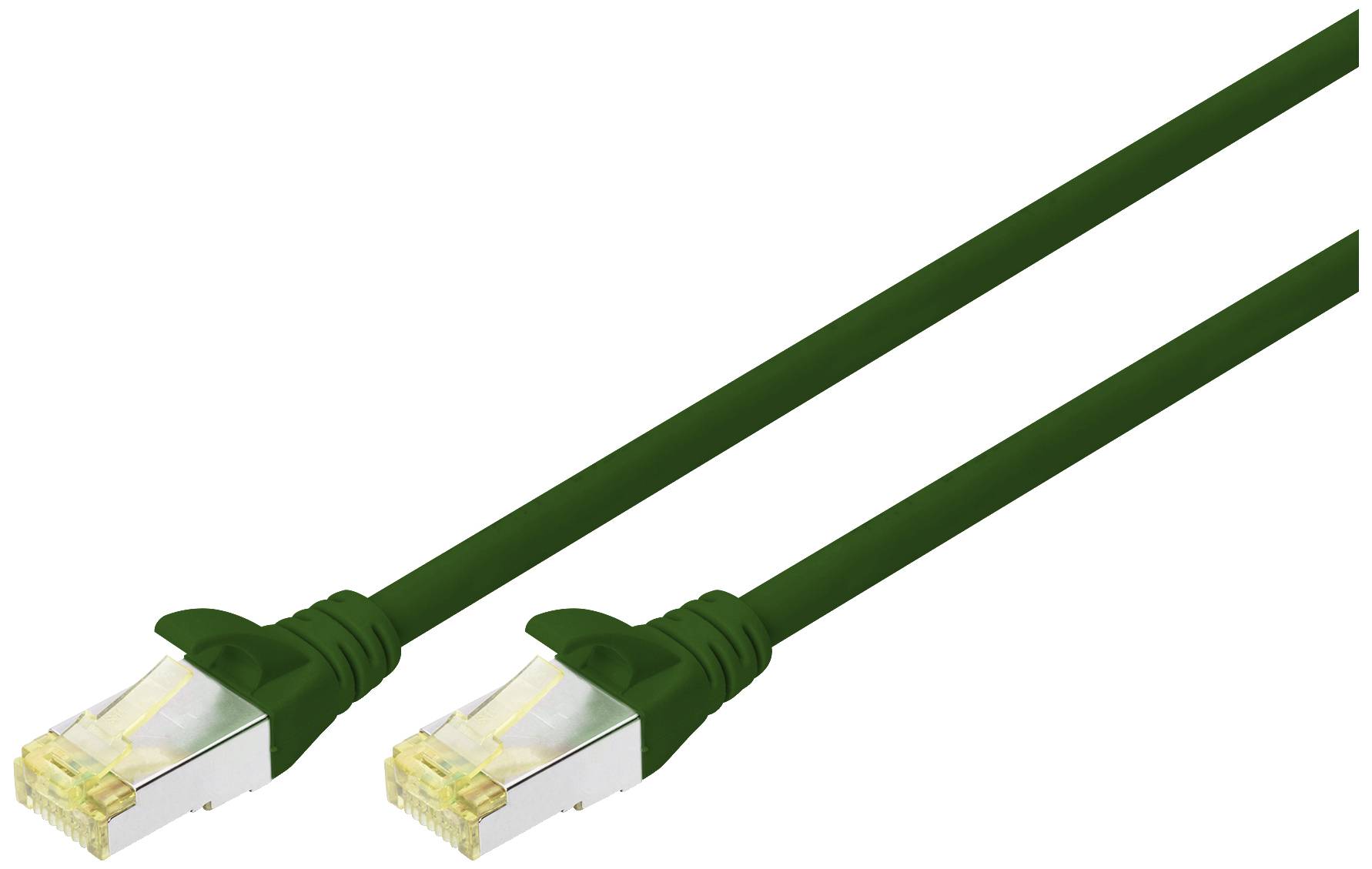 Grünes Ethernet-Kabel mit RJ45-Stecker an jedem Ende, verwendet für Netzwerkverbindungen.