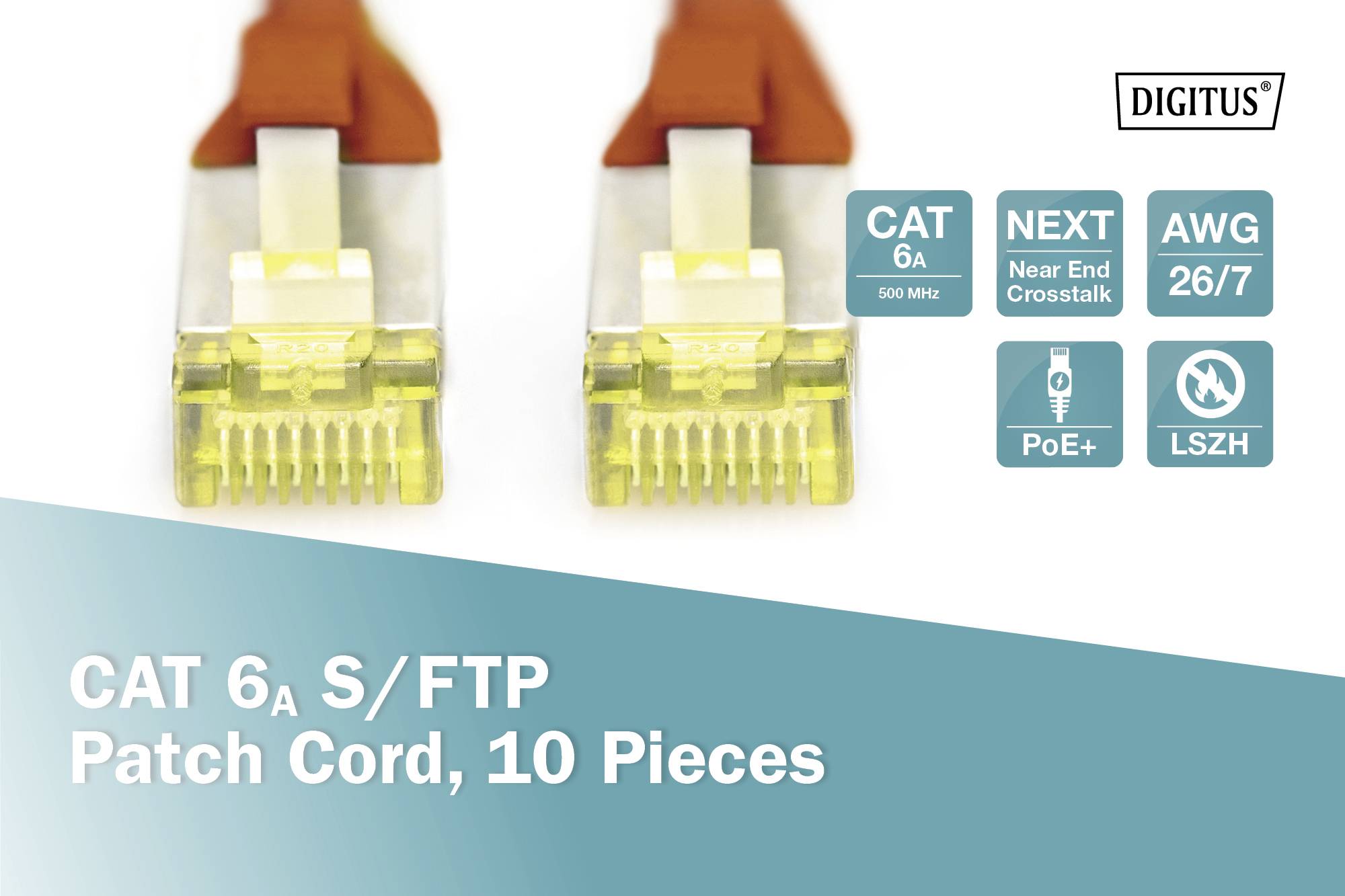 Zwei gelbe Patchkabel-Stecker mit Bezeichnungen: 'CAT 6A', 'NEXT', 'AWG 26/7', 'PoE+', 'LSZH'. Text: 'CAT 6A S/FTP Patch Cord, 10 Pieces'.