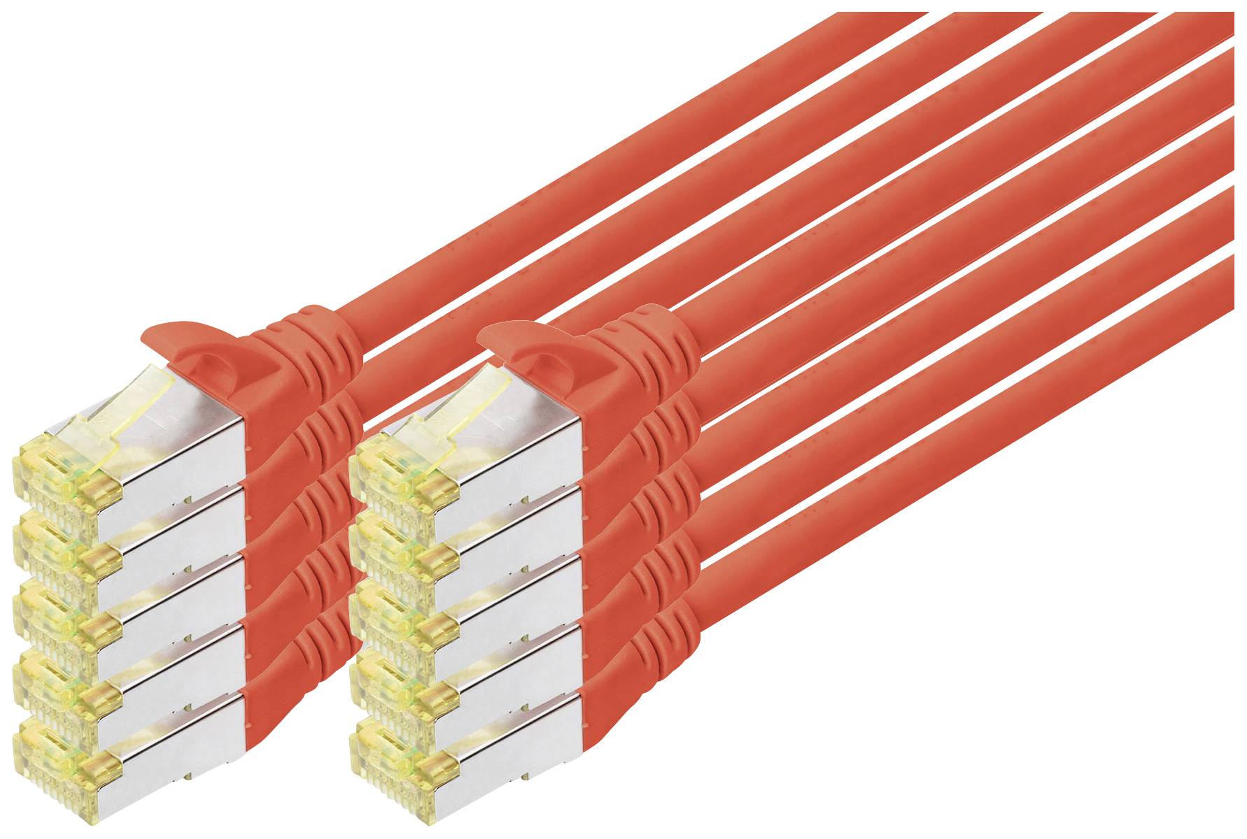 Sechs rote Ethernet-Kabel mit gelben Steckern nebeneinander; Verbindungstechnik im Netzwerkbereich.