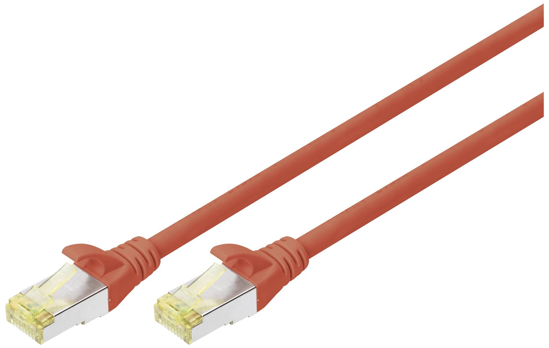 Rotes Ethernet-Kabel mit zwei RJ45-Steckern, geeignet für Netzwerkverbindungen, auf weißem Hintergrund.