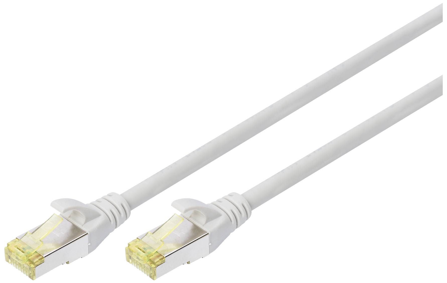 Ein Netzwerkkabel mit zwei weißen RJ45-Steckern, das zur Verbindung von Computern oder Geräten mit einem Netzwerk verwendet wird.