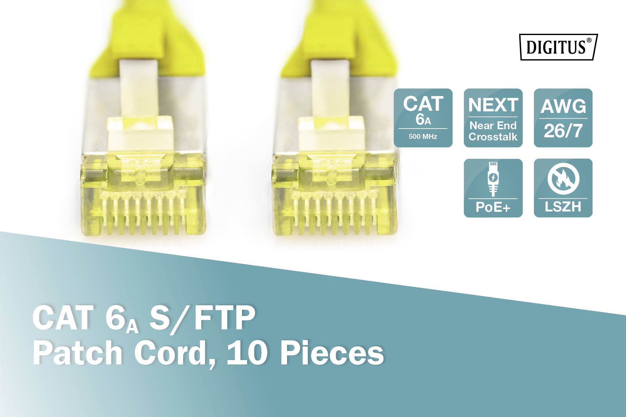 'CAT 6a S/FTP Patchkabel, 10 Stück' steht auf blauem Hintergrund mit zwei gelben Kabeln. Symbole zeigen Spezifikationen wie CAT 6a und AWG 26/7.