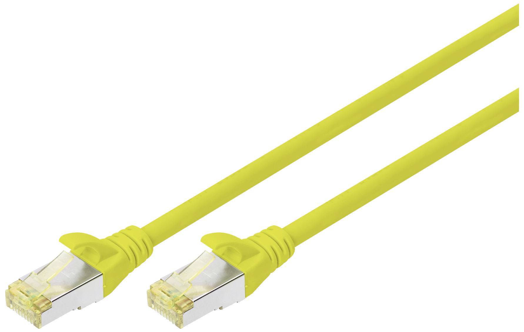 Gelbes Netzwerkkabel mit zwei RJ45-Steckern, geeignet für die Verbindung von Computern mit Routern oder Switches.