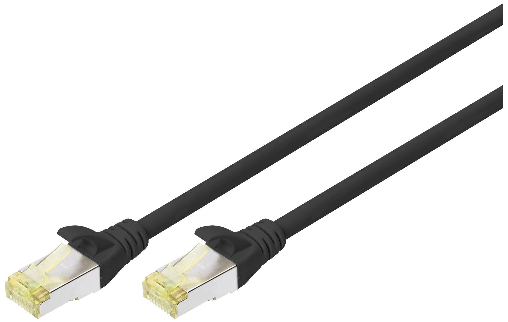 Schwarzes Ethernet-Kabel mit zwei RJ45-Steckern, verwendet für Netzwerkverbindungen.