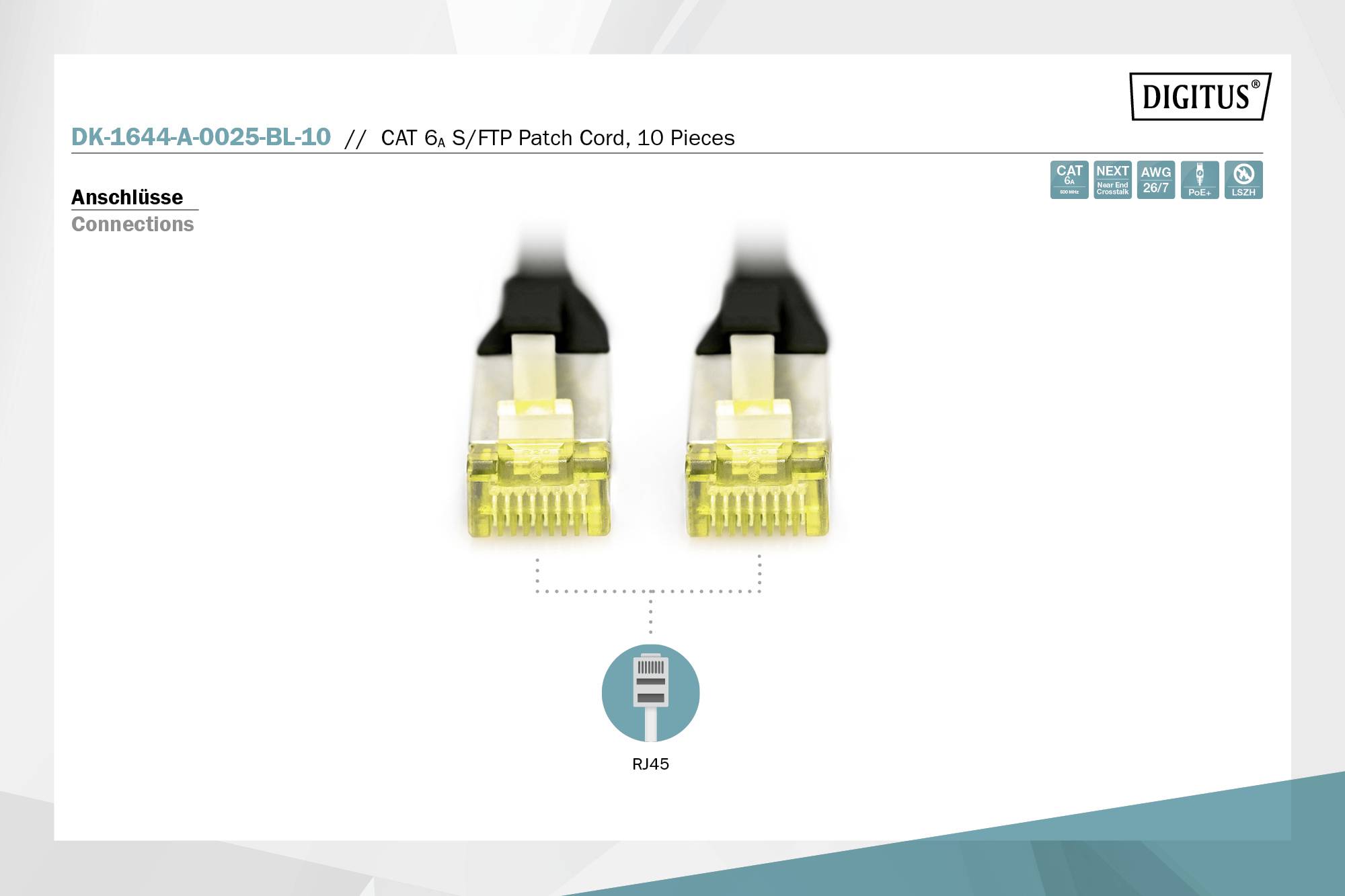 Zwei RJ45-Netzwerkstecker für CAT 6, S/FTP Patchkabel. Produkt von Digitus mit 10 Stück im Set.