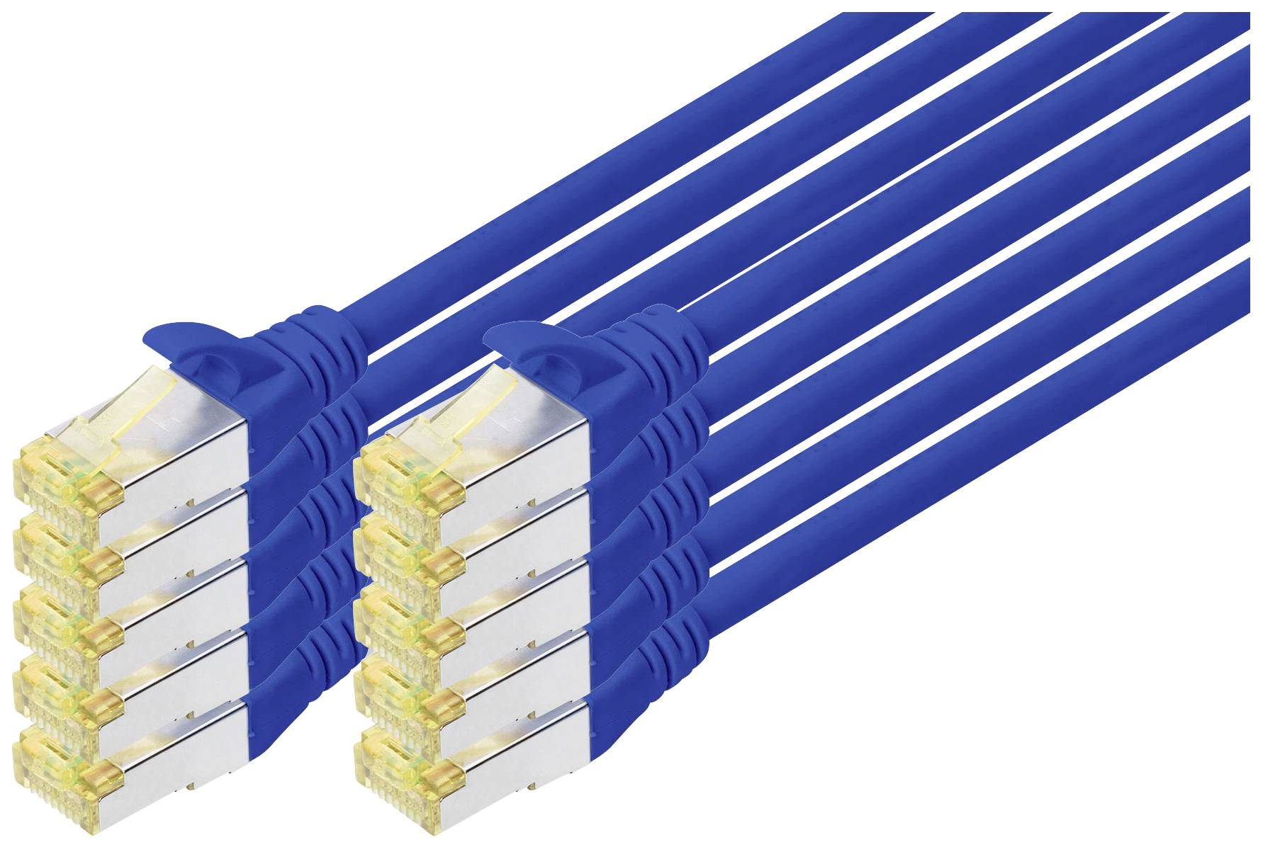 Zwei Bündel von blauen Ethernet-Kabeln mit RJ45-Steckern, die nebeneinander liegen, symbolisieren Netzwerkverbindungen.