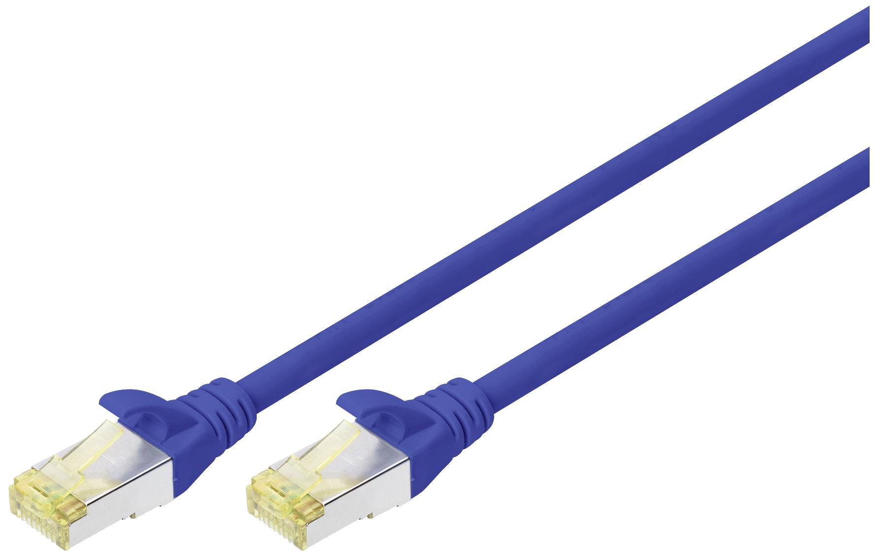 Ein blaues Ethernet-Kabel mit zwei RJ45-Steckern an jedem Ende, auf weißem Hintergrund.