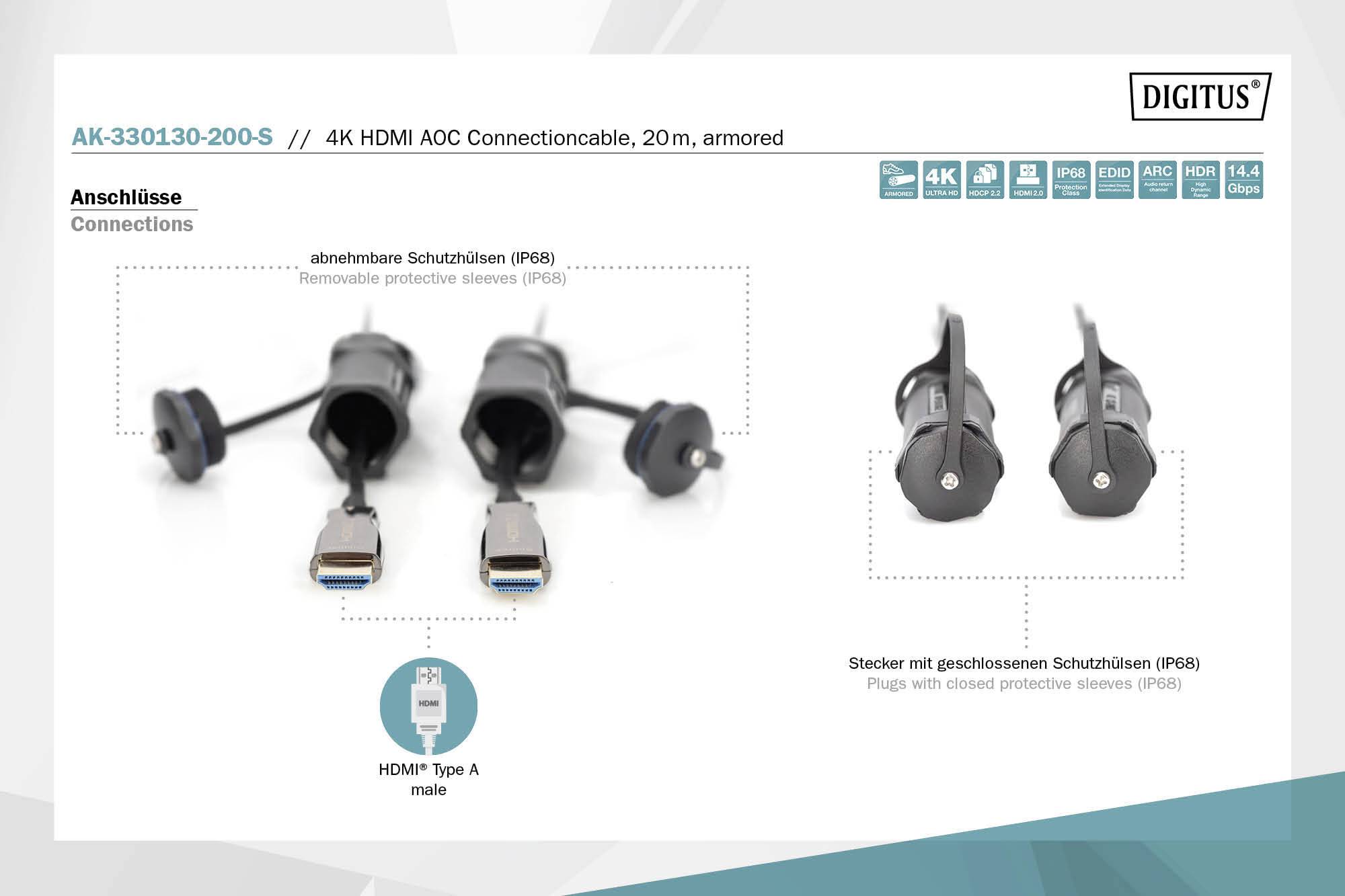 Digitus HDMI Anschlusskabel HDMI-A Stecker 15 m Schwarz AK-330130-150-S vergoldete Steckkontakte, abriebfest, doppelt geschirmt, Einzelschirm