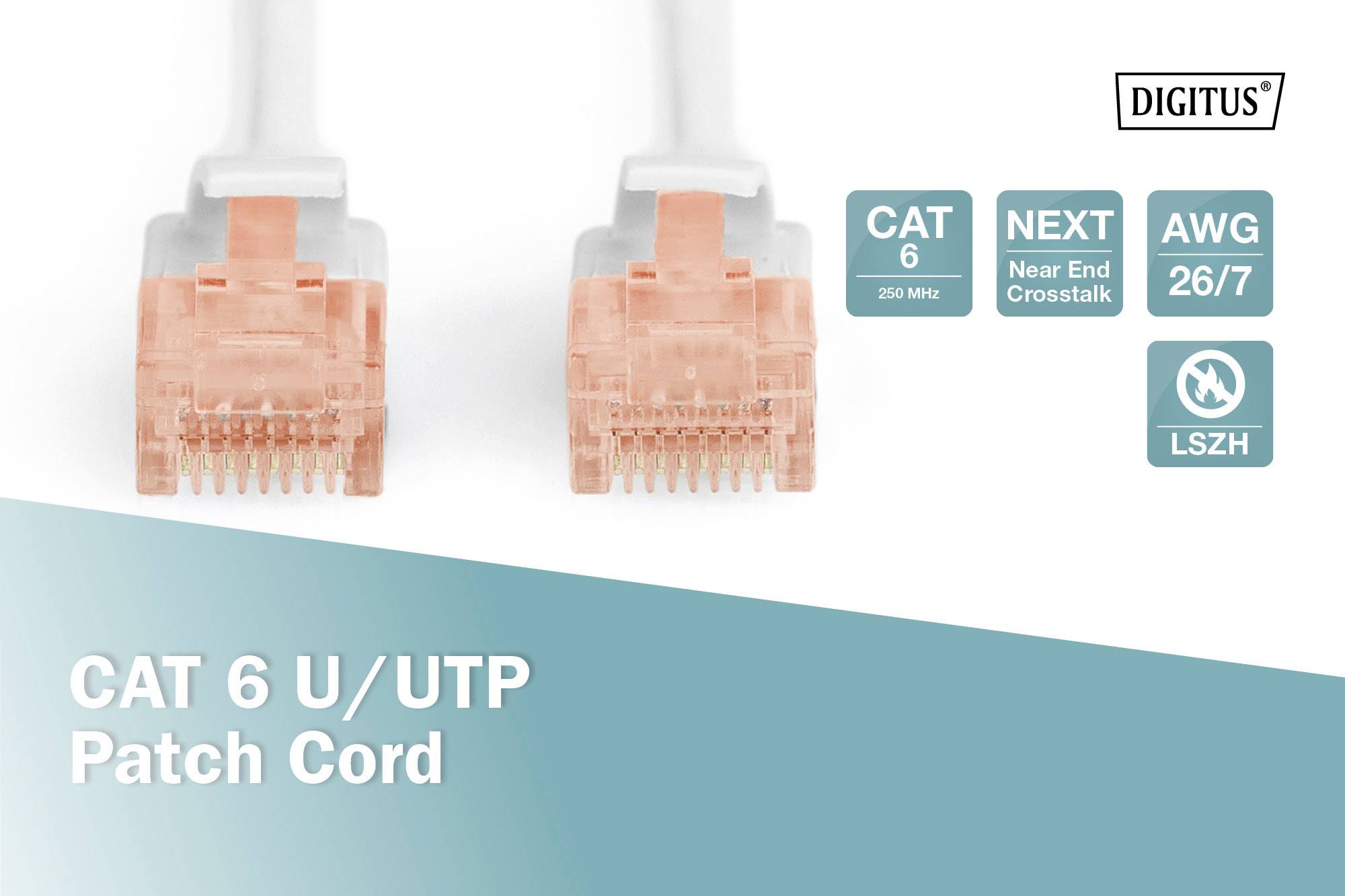 Zwei orange CAT 6 U/UTP Patchkabelstecker, digitale Infos oben: 'CAT 6', 'NEXT', 'AWG 26/7', 'LSZH'. Links unten: 'CAT 6 U/UTP Patch Cord'.