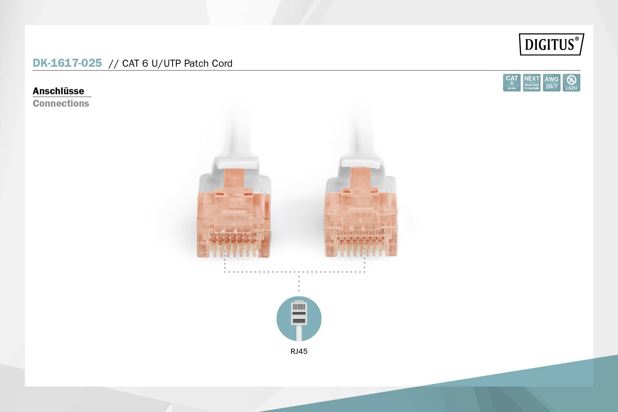 'DK-1617-025 CAT 6 U/UTP Patchkabel'. Bild zeigt zwei RJ45-Stecker frontal. Oben rechts 'DIGITUS' Logo, unten Text 'RJ45'.