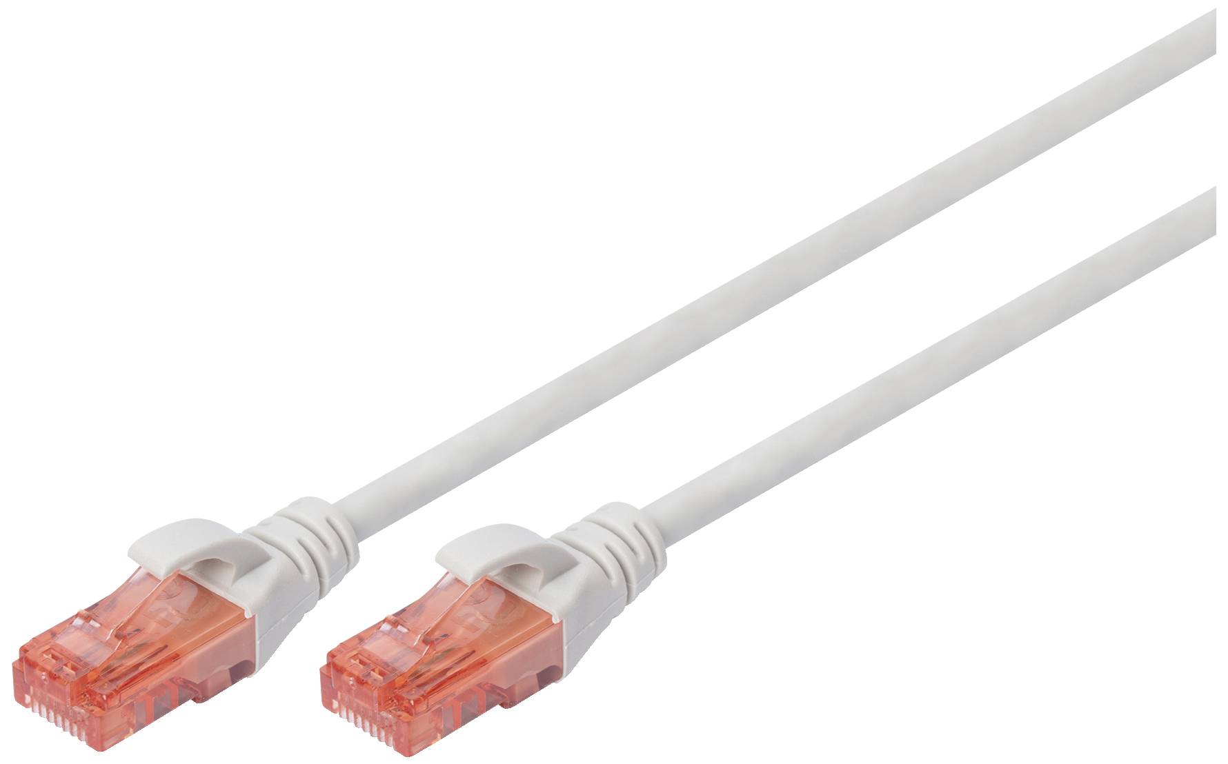 Ein weißes Ethernet-Kabel mit zwei orangefarbenen RJ45-Steckern an den Enden, verwendet für Netzwerkverbindungen.