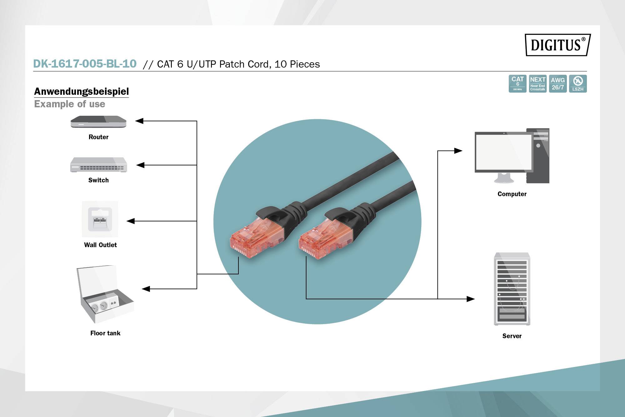 Digitus DK-1617-005-BL-10 RJ45 Netzwerkkabel, Patchkabel CAT 6 U/UTP 0.50 m Schwarz 1 St.