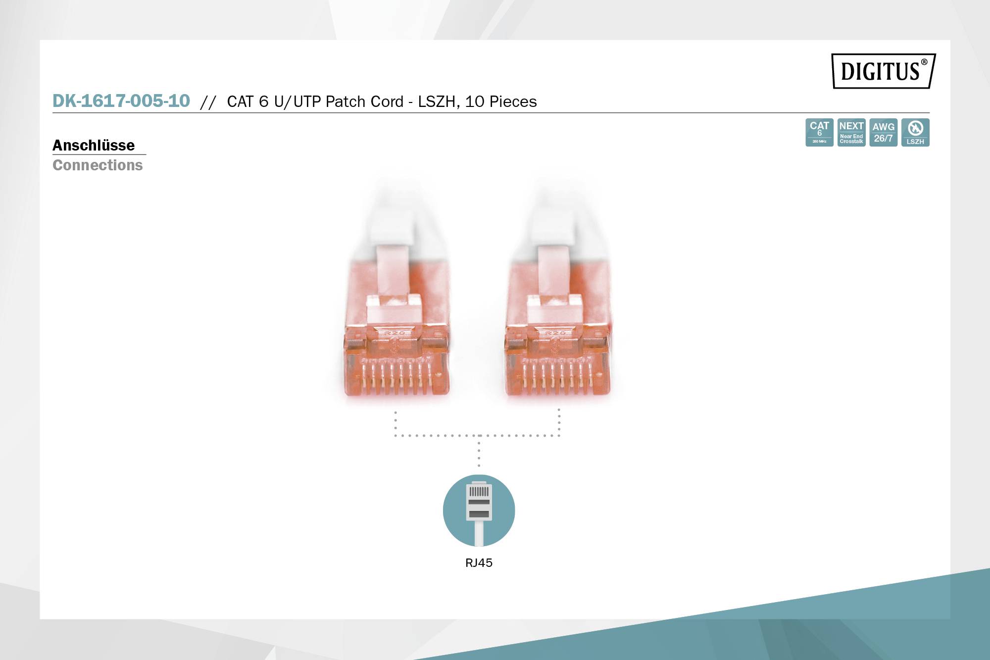 Zwei orangefarbene RJ45-Stecker auf weißem Hintergrund, verbunden mit einem CAT 6 U/UTP Patchkabel - LSZH, 10 Stück.