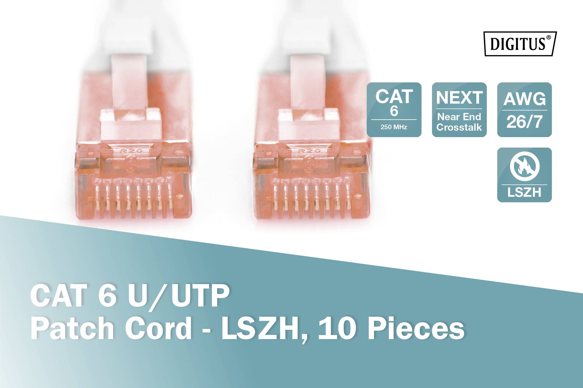 Zwei CAT 6 U/UTP Patchkabel mit LSZH-Mantel, 10er-Pack. Geeignet für 250 MHz, reduziert Nahnebensprechen, AWG 26/7.