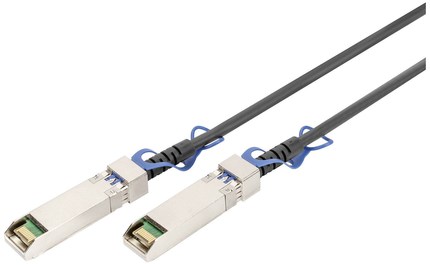 Zwei silberne Netzwerkstecker, verbunden durch ein schwarzes Kabel mit blauen Plastikhalterungen an den Steckernenden.