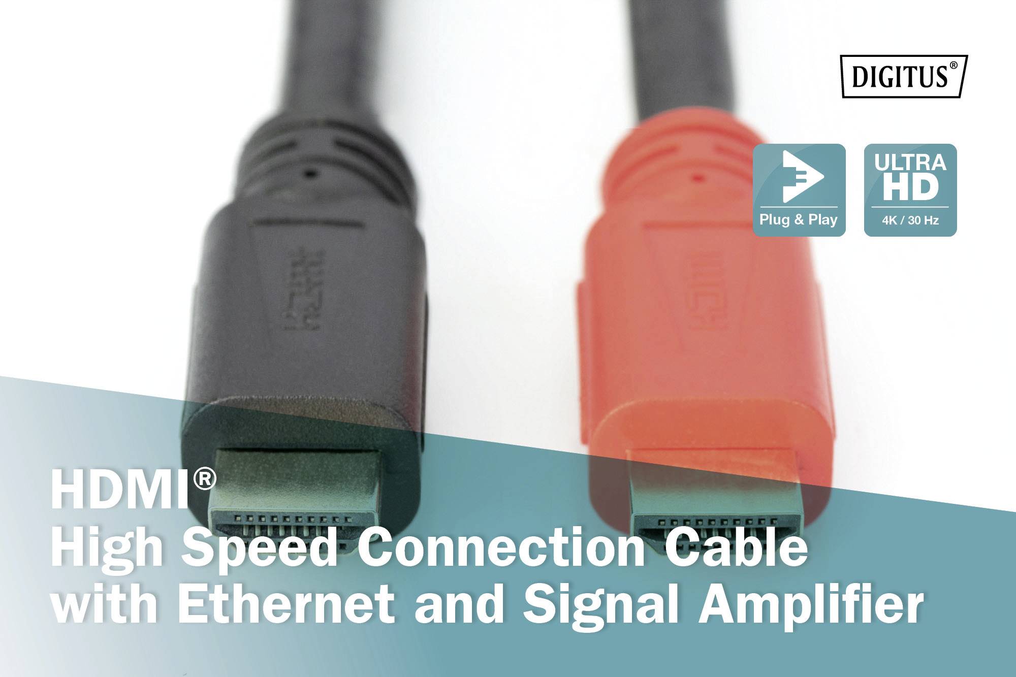 Zwei HDMI-Kabel in Schwarz und Rot liegen nebeneinander, beschriftet als 'High Speed Connection Cable mit Ethernet und Signal Amplifier'.