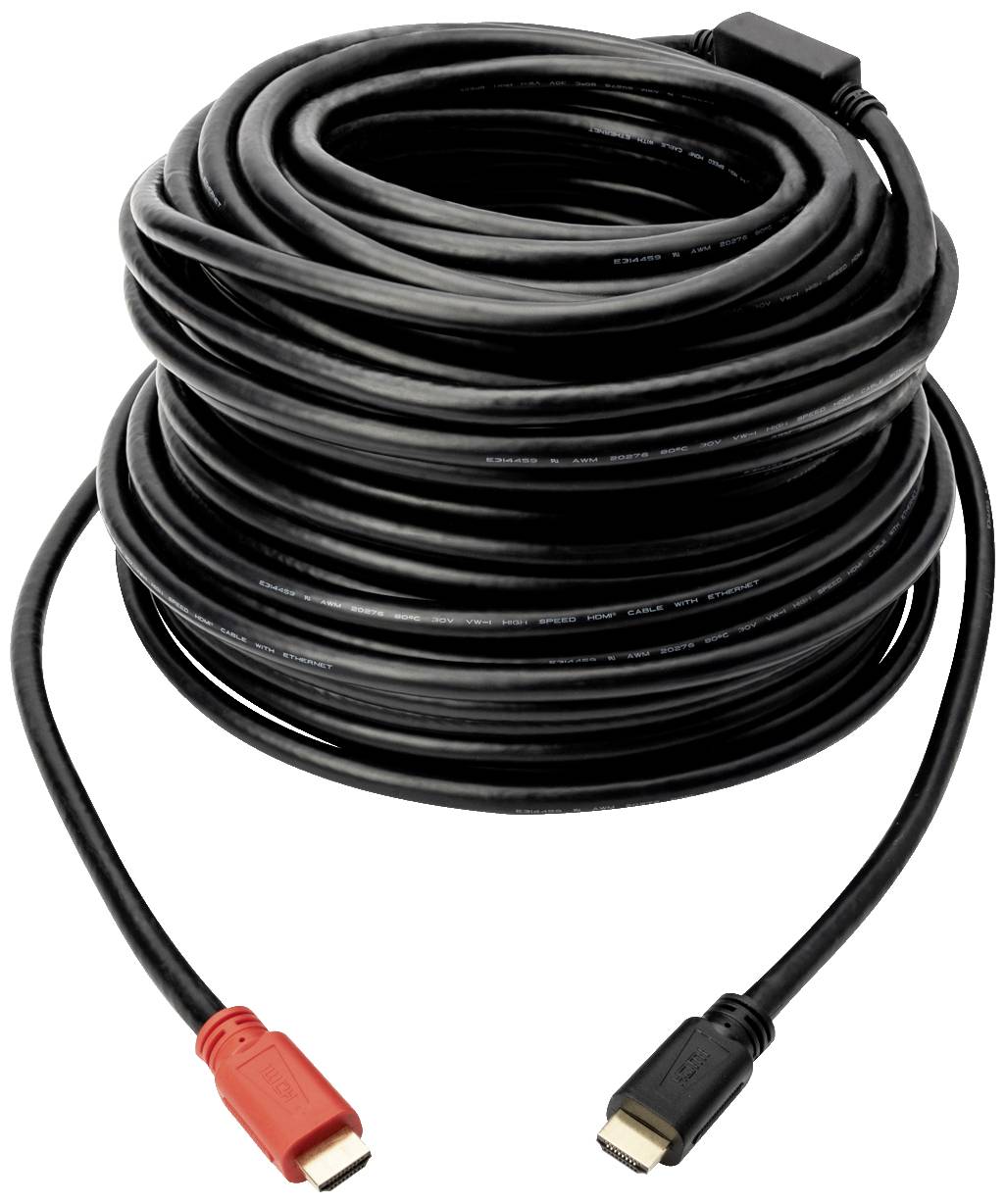 Ein langes schwarzes HDMI-Kabel, das eng aufgerollt ist. Ein Stecker ist rot, der andere schwarz, um die Enden zu unterscheiden.
