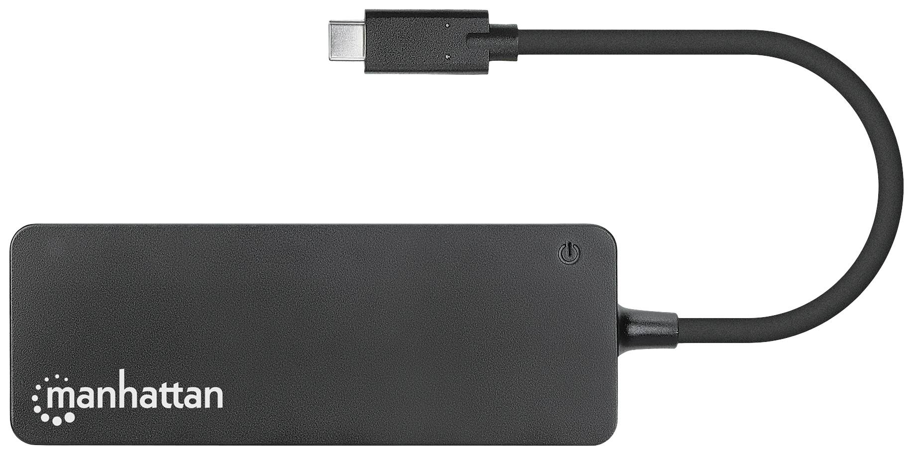 Ein schwarzer USB-C-Hub von 'Manhattan' mit mehreren Anschlüssen, rechteckige Form, mit einem kurzen Kabel auf der linken Seite.