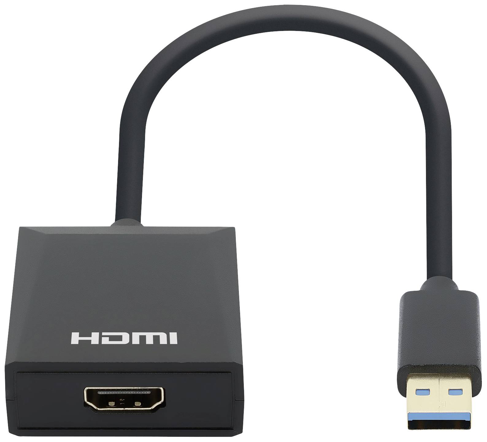 Ein USB-zu-HDMI-Adapter mit einem kurzen Kabel. Links befindet sich der HDMI-Anschluss, rechts der USB-Stecker.