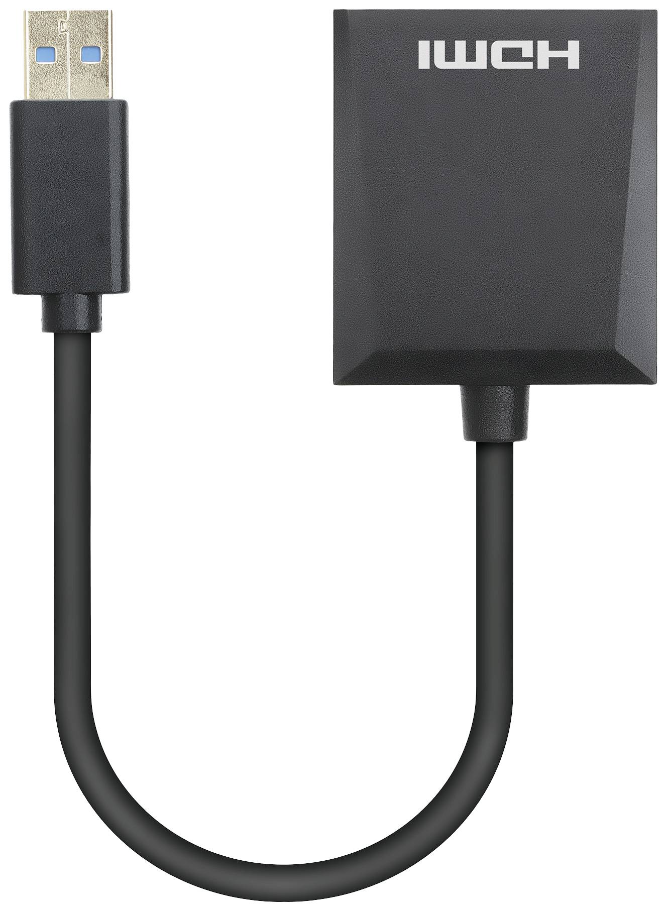 USB-zu-HDMI-Adapter mit schwarzem Kabel und Anschlüssen, um Geräte mit HDMI an USB zu verbinden.