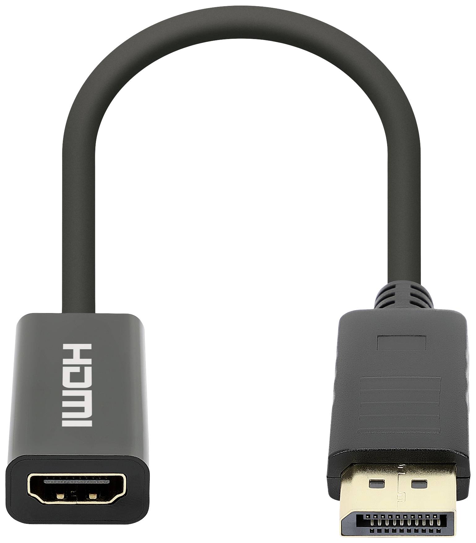 Ein HDMI-zu-DisplayPort-Adapterkabel; ermöglicht den Anschluss eines HDMI-Geräts an einen DisplayPort-Eingang.
