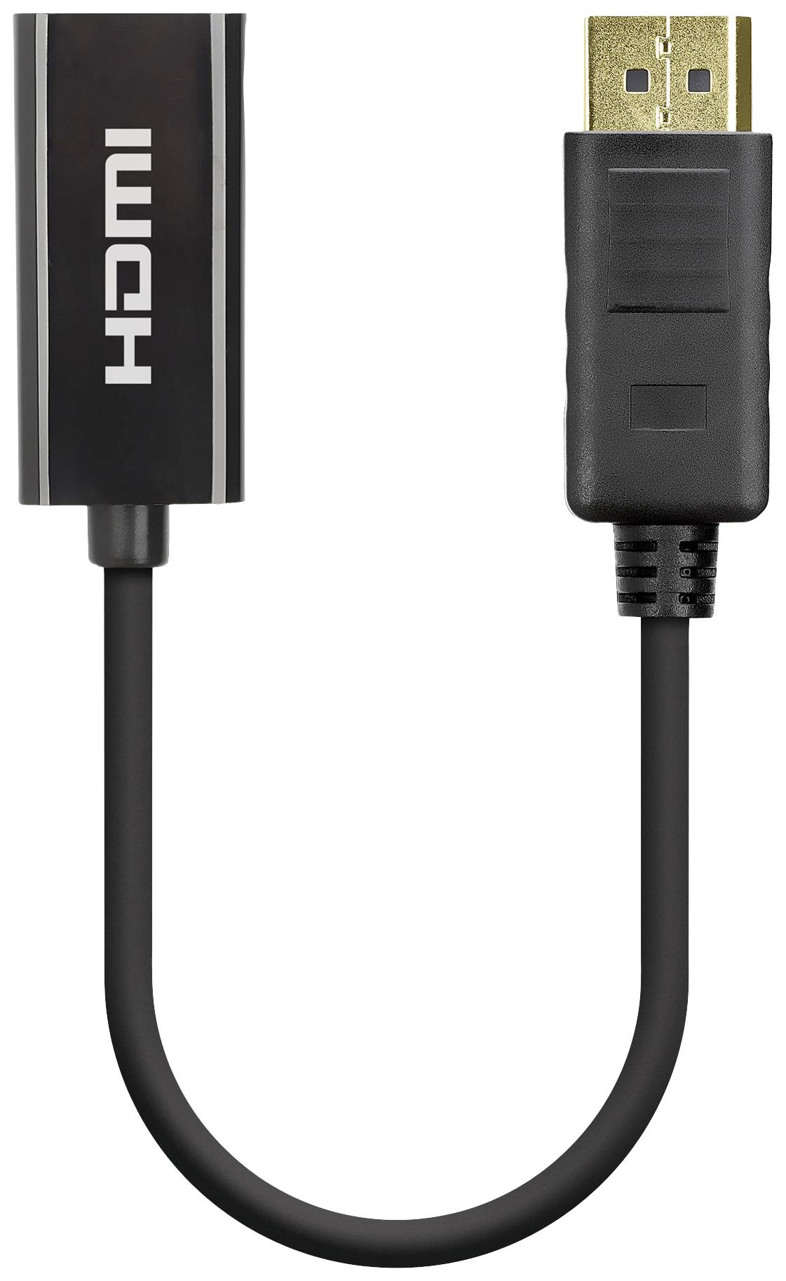 Schwarzes HDMI-zu-DisplayPort-Kabel mit einem HDMI-Anschluss links und einem DisplayPort-Stecker rechts.