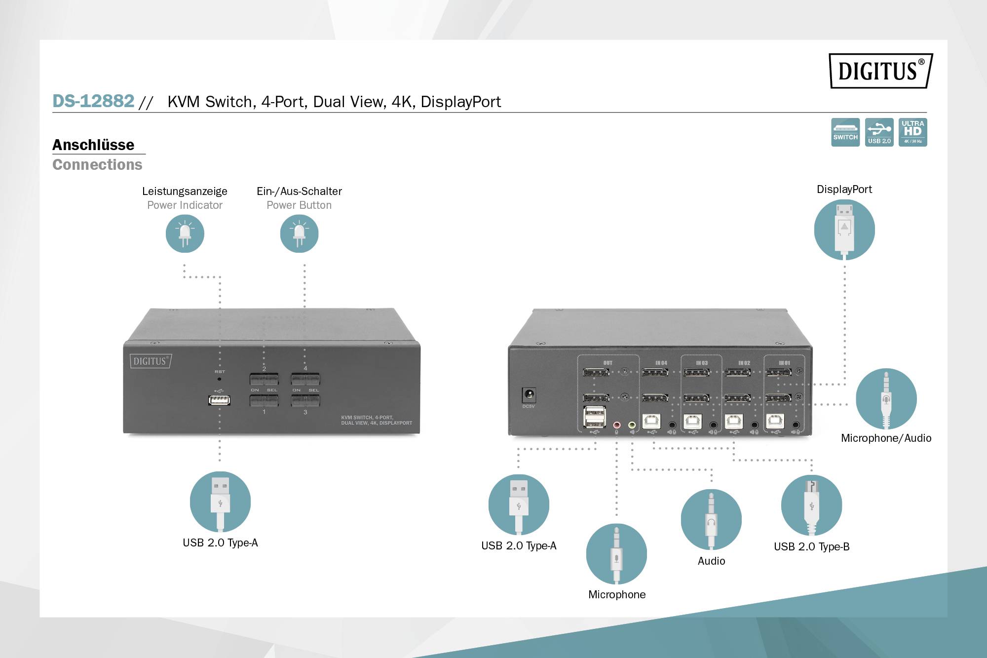 Digitus DS-12882 4 Port KVM-Umschalter DisplayPort® Tastatur, USB 1920 x 1080 Pixel, 1920 x 1200 Pixel, 1920 x 1280 Pixel, 1920