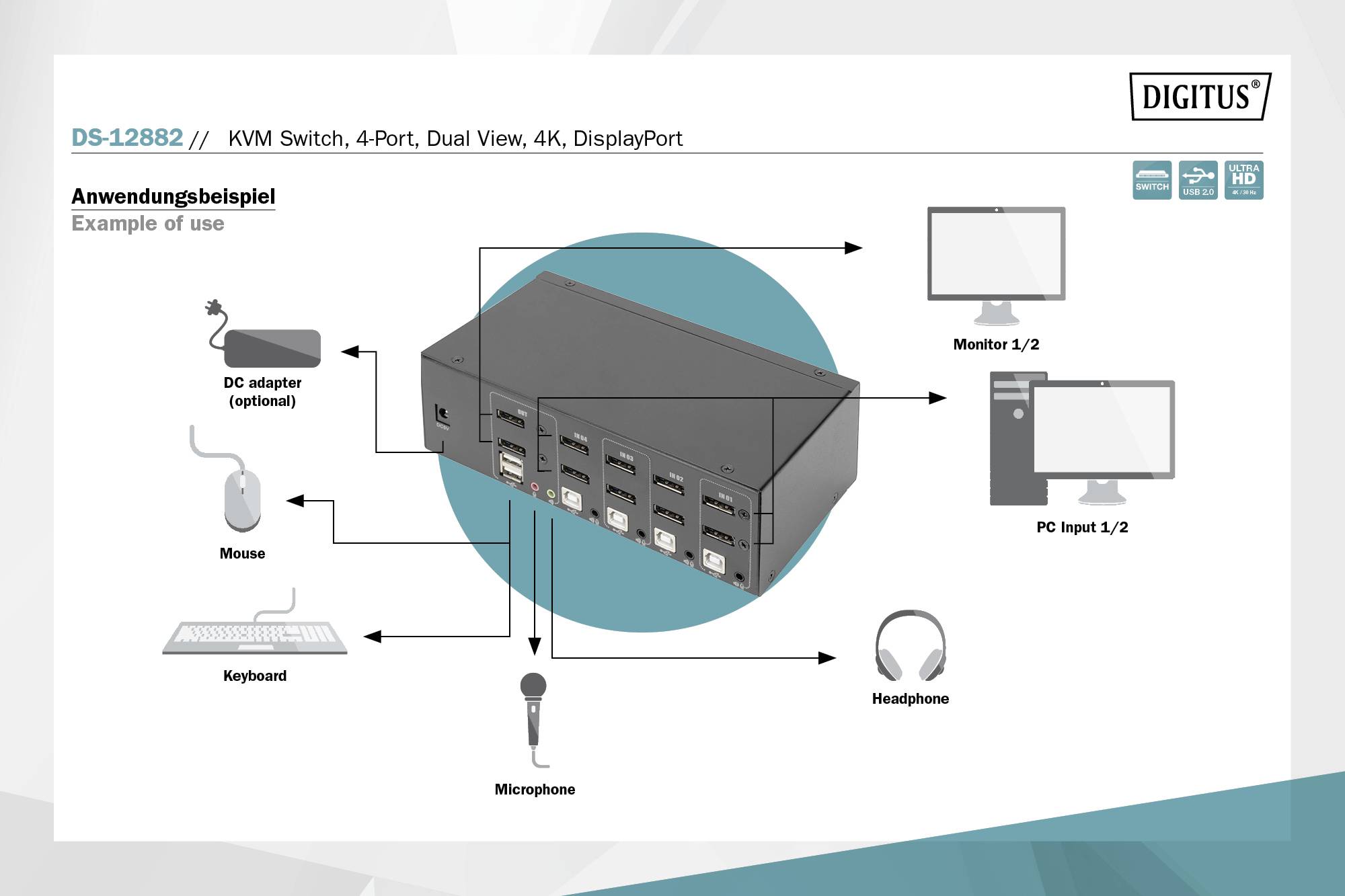 Digitus DS-12882 4 Port KVM-Umschalter DisplayPort® Tastatur, USB 1920 x 1080 Pixel, 1920 x 1200 Pixel, 1920 x 1280 Pixel, 1920