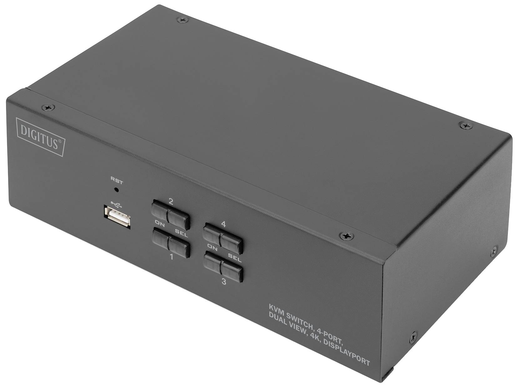 Ein KVM-Switch mit 4 Ports, USB-Anschluss und Tasten zur Steuerung der verbundenen Geräte. Das Gerät ist von der Marke Digitus.