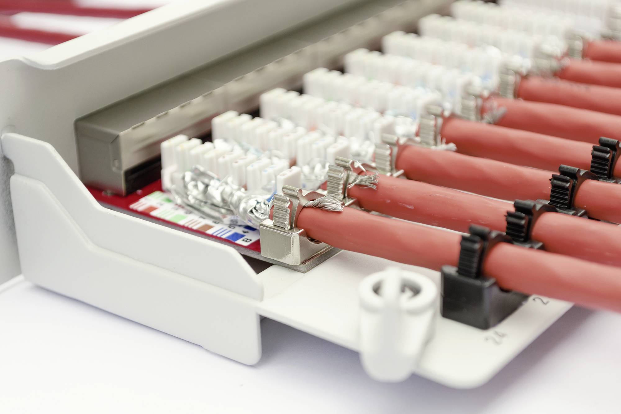Nahaufnahme eines Kabelverteilers mit roten Kabeln, die an Klemmen angeschlossen sind. Modernes Netzwerk- oder Telekommunikationssystem.
