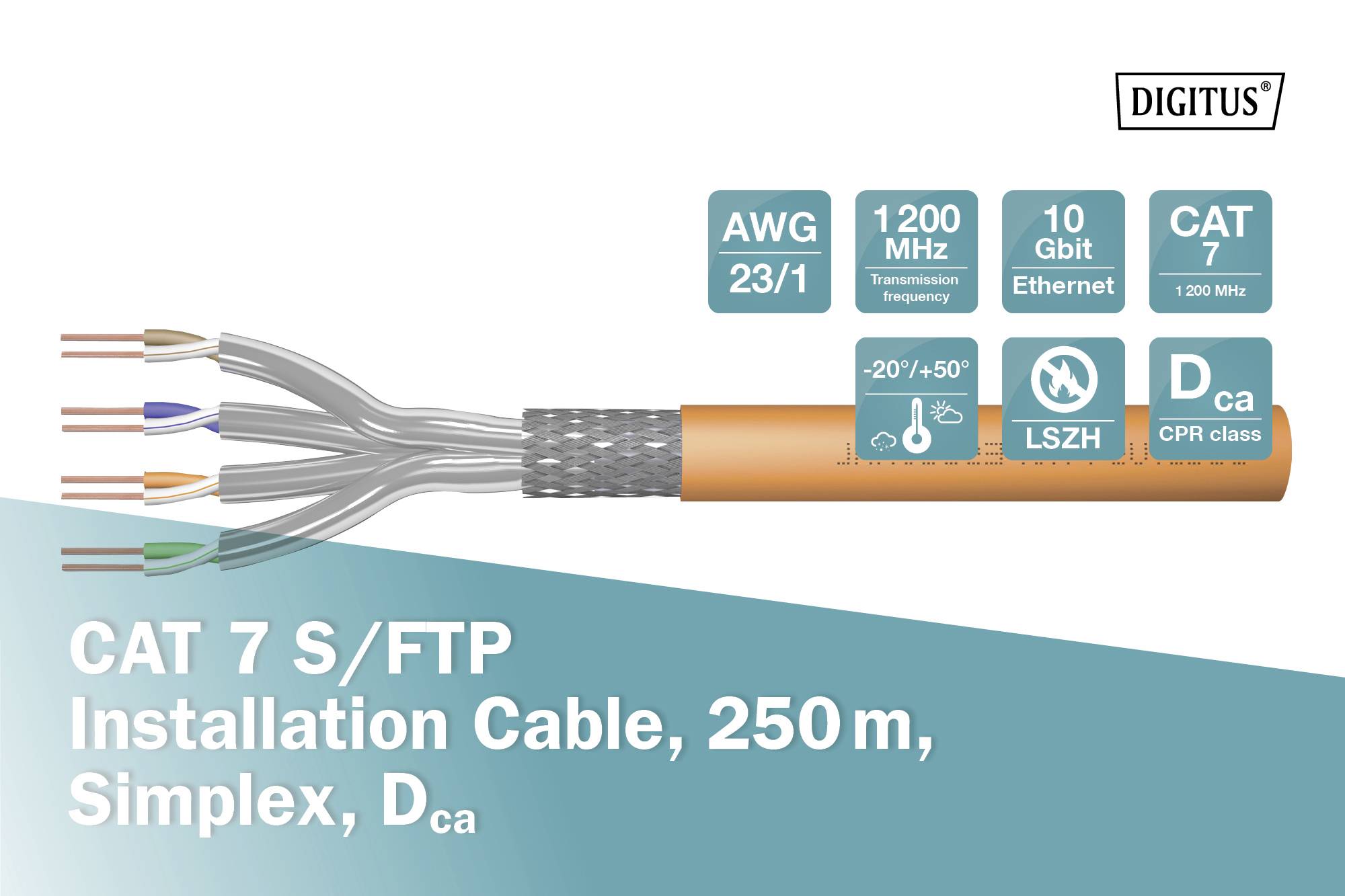 'CAT 7 S/FTP Installationskabel, 250 m, AWG 23/1, 1200 MHz, 10 Gbit Ethernet, Simplex, LSZH, Dca, -20°/+50°C, CPR class' Inschrift.
