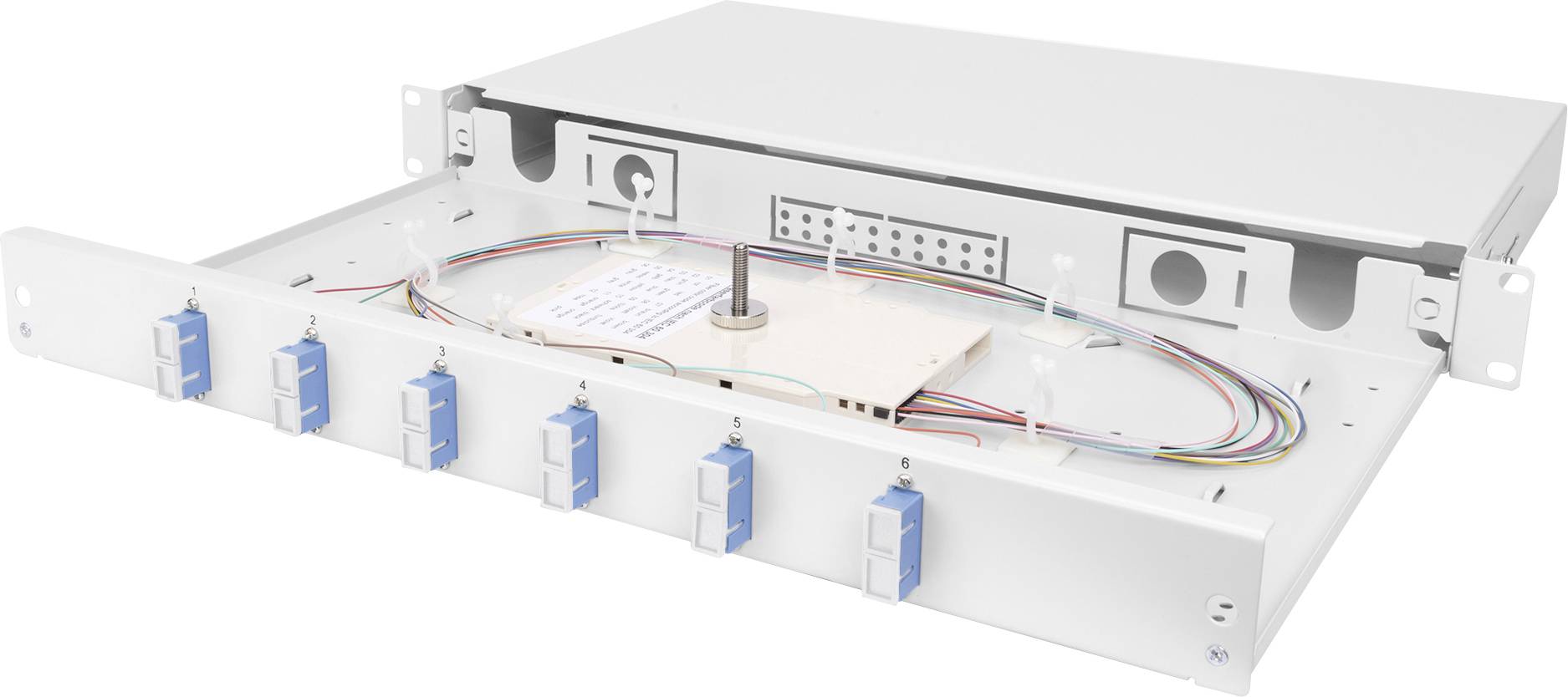Optische Verteilereinheit mit geöffnetem Gehäuse, zeigt mehrere Glasfaserkabel und Anschlüsse auf einer Anschlussplatte.