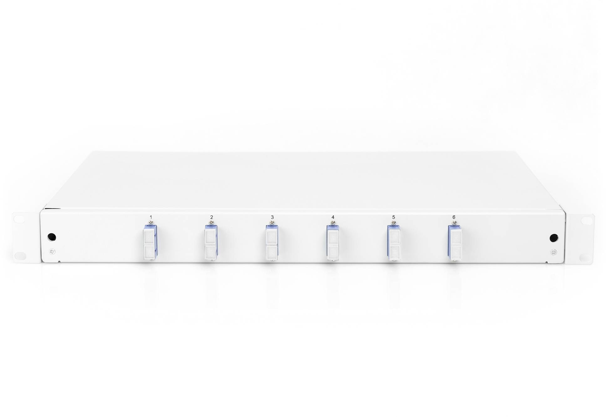 Ein weißes Rack-Gehäuse mit sechs blauen Anschlussmodulen auf der Vorderseite, geeignet für die Montage in einem Netzwerk-Schrank.