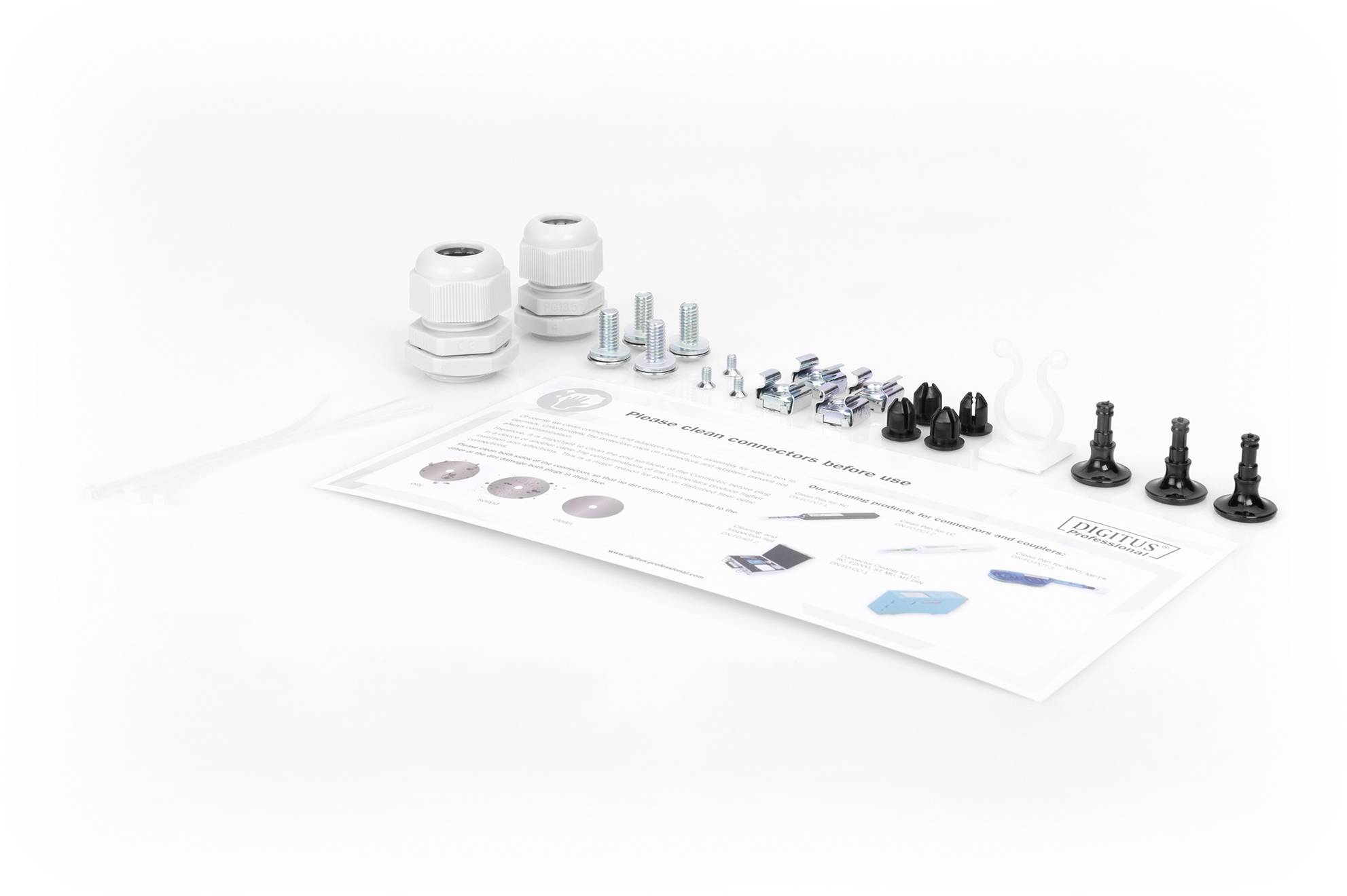 Installationskit mit Kabelverschraubungen, Schrauben, Dübeln, Montageanweisungen. Enthält diverse Komponenten zur sicheren Befestigung.