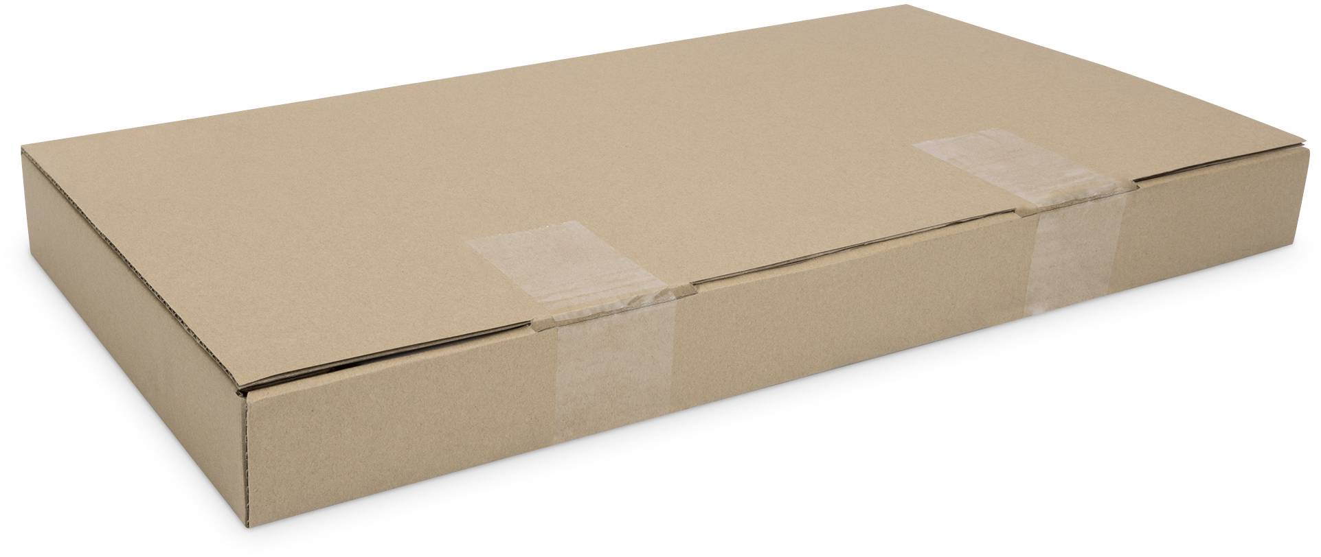 Ein flacher, rechteckiger Karton mit zwei Klebestreifen zur Sicherung. Geeignet für den Versand längerer Gegenstände.
