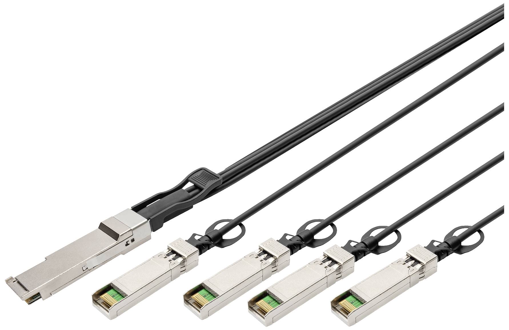 'Breakout'-Kabel mit einem QSFP+-Anschluss auf vier SFP+-Anschlüsse. Gezeigt ist die Anordnung der Steckverbindungen und die Kabelverteilung.
