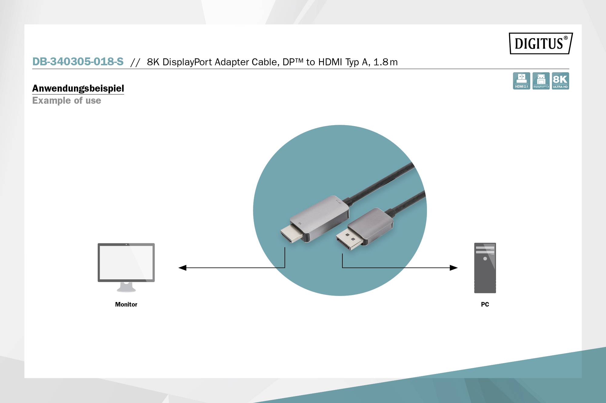 '8K DisplayPort-Adapterkabel, DPM zu HDMI Typ A, 1,8 m.' Diagramm zeigt Verbindung zwischen Monitor und PC über das Kabel.