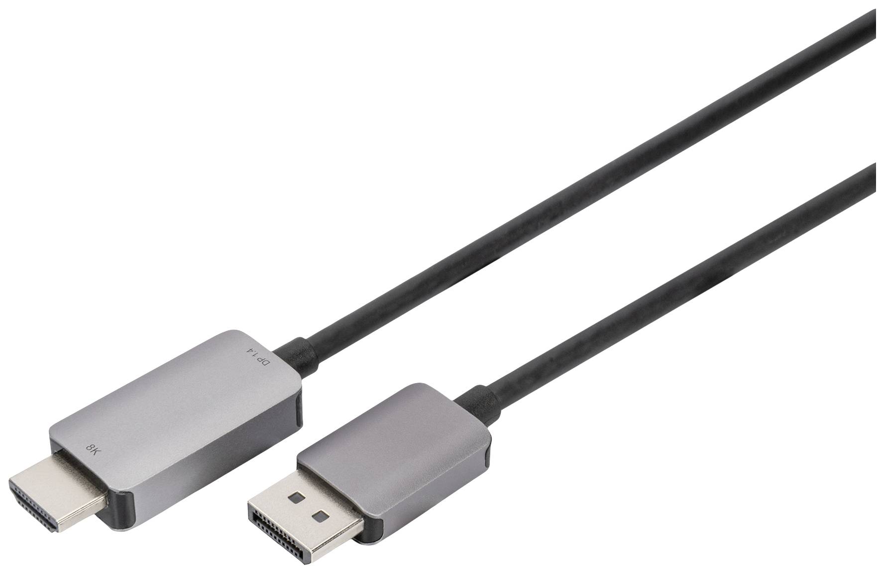 Zwei Kabel mit Anschlüssen: links ein HDMI-Stecker, rechts ein DisplayPort-Stecker. Die Kabel sind schwarz.