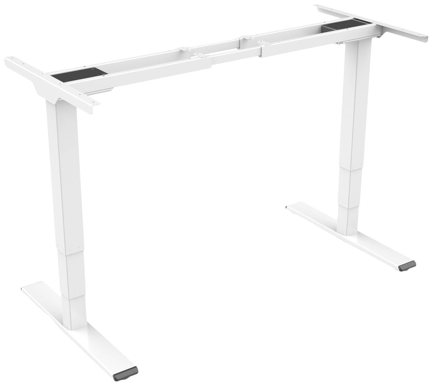Höhenverstellbares Tischgestell in Weiß, ohne Tischplatte. Eignet sich für ergonomische Arbeitsplätze und ermöglicht variierende Arbeitshöhen.
