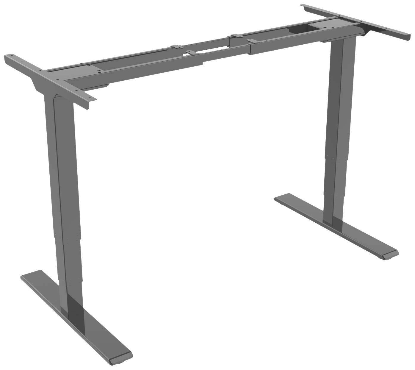 Ein höhenverstellbares Schreibtischgestell aus Metall, das Platz für eine Tischplatte bietet. Geeignet für ergonomisches Arbeiten.