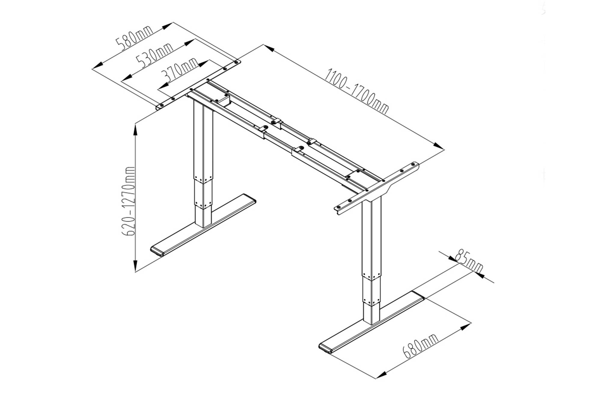 Höhenverstellbarer Schreibtisch mit zwei Beinen und Querstrebe, verstellbare Länge 110-170 cm, Breite 68 cm, Höhe 62-127 cm.