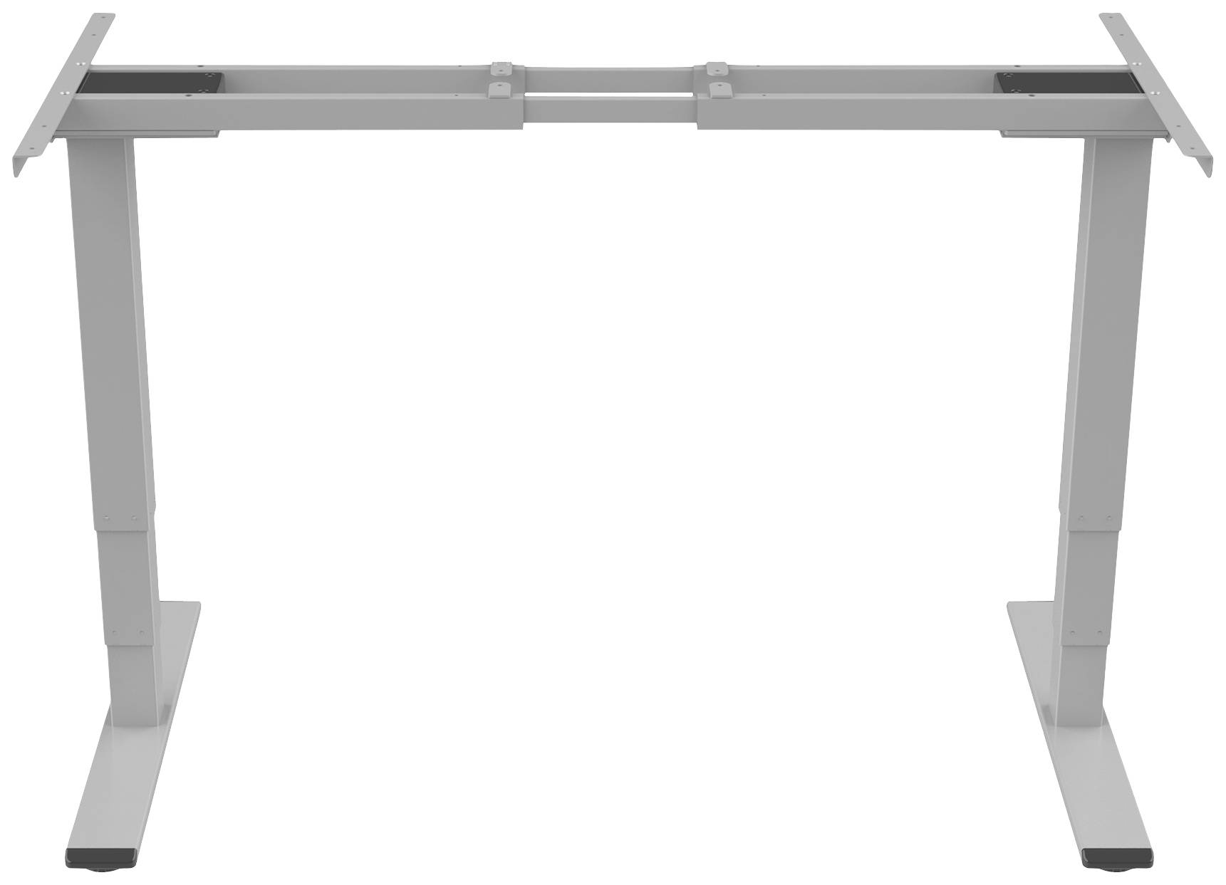 Höhenverstellbares Tischgestell aus Metall, ohne Tischplatte, mit stabilen, verstellbaren Beinen. Suitable for ergonomic use.