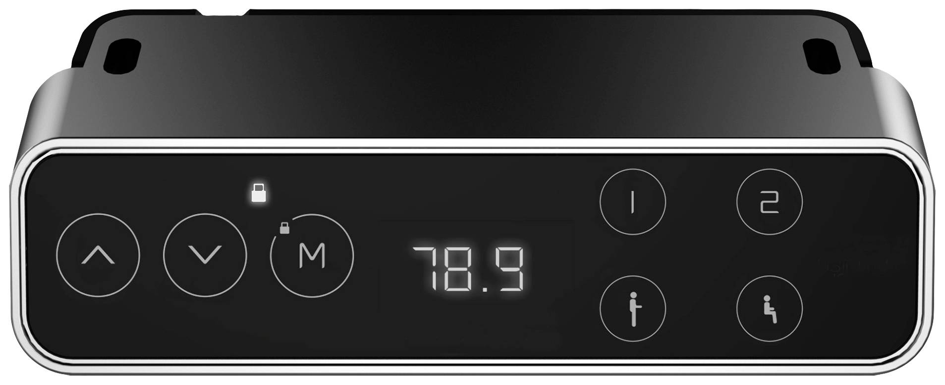 Digitales Autoradio-Display mit Tasten für Lautstärkeregelung, Senderwahl und Speicher. Anzeige zeigt Frequenz '78.9'.